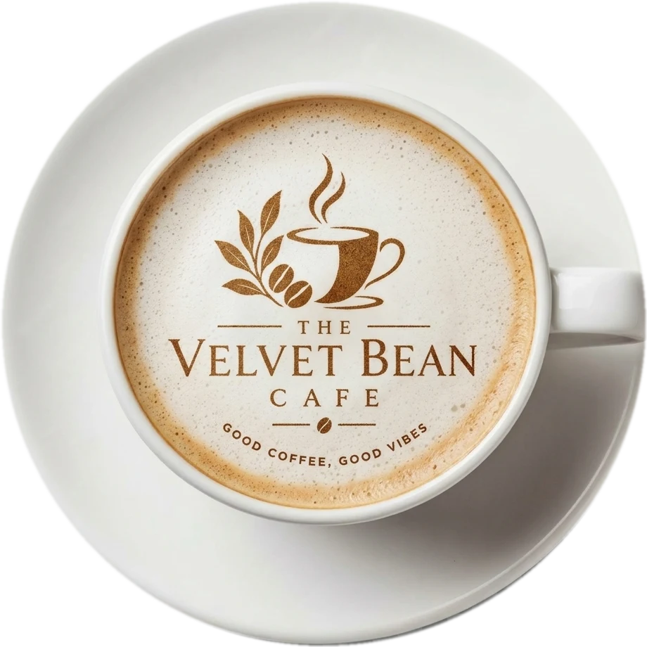 A flat white seen from above, with The Velvet Bean Cafe logo in the milk foam